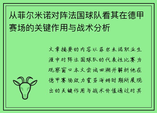 从菲尔米诺对阵法国球队看其在德甲赛场的关键作用与战术分析
